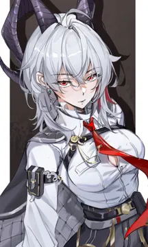 1girl ahoge arm_pouch belt belt_buckle black_cape black_choker black_horns black_pants border breasts buckle button_gap cable cape chest_harness choker cleavage closed_mouth collar collared_shirt earrings frilled_collar frills gradient_background hair_between_eyes harness horns jewelry key_earrings large_breasts long_hair looking_at_viewer multicolored_hair necktie outside_border pants quilted_clothes red_eyes red_necktie red_streaks shirt solo streaked_hair tsurime white_border white_hair white_shirt mihan__mihan_art wuthering_waves zani__wuthering_waves