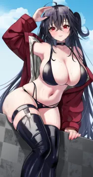 1girl adjusting_eyewear ahoge arm_up azur_lane bikini black_bikini black_choker black_hair black_thighhighs blue_sky breasts choker closed_mouth cloud crossed_bangs day eyewear_on_head hand_on_eyewear jacket large_breasts lips long_hair looking_at_viewer marumai navel official_alternate_costume outdoors red_eyes red_jacket sitting sky solo stomach sunglasses swimsuit taihou__azur_lane taihou__enraptured_companion__azur_lane thighhighs very_long_hair wet