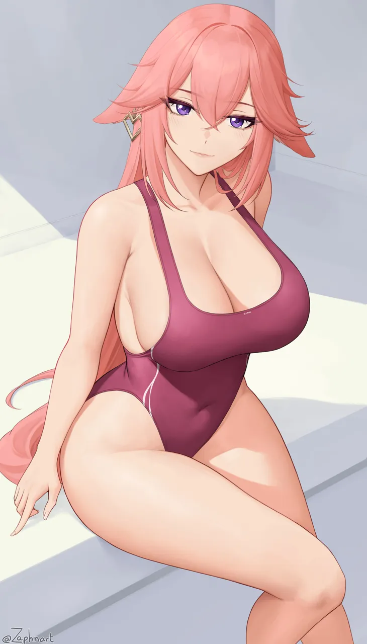 1girl animal_ears bare_shoulders blush breasts cleavage collarbone earrings fox_ears genshin_impact highleg highleg_one_piece_swimsuit jewelry large_breasts long_hair looking_at_viewer one_piece_swimsuit pink_hair purple_eyes purple_one_piece_swimsuit sitting smile solo swimsuit thighs yae_miko zaphn
