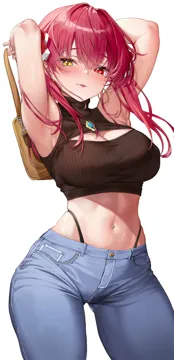 _p 1girl alternate_costume armpits arms_up bag breasts casual cleavage cleavage_cutout clothing_cutout cowboy_shot crop_top denim handbag heterochromia holding holding_bag hololive houshou_marine jeans large_breasts midriff navel navel_piercing pants panty_straps piercing raag_jp red_eyes red_hair simple_background skindentation sleeveless sleeveless_turtleneck solo stomach tongue tongue_out turtleneck twintails virtual_youtuber white_background yellow_eyes