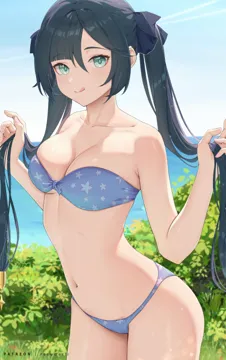 _q 1girl alternate_costume armpit_crease bare_arms bare_shoulders bikini black_hair black_ribbon blue_bikini blue_sky breasts cleavage collarbone cowboy_shot day front_tie_top genshin_impact grass green_eyes hair_between_eyes hair_ribbon hands_up holding holding_own_hair medium_breasts long_hair looking_at_viewer navel outdoors patreon_username ribbon rosumerii sidelocks sky solo star__symbol star_print stomach strapless strapless_bikini swept_bangs swimsuit thighs tongue tongue_out twintails water genshin_impact mona__genshin_impact