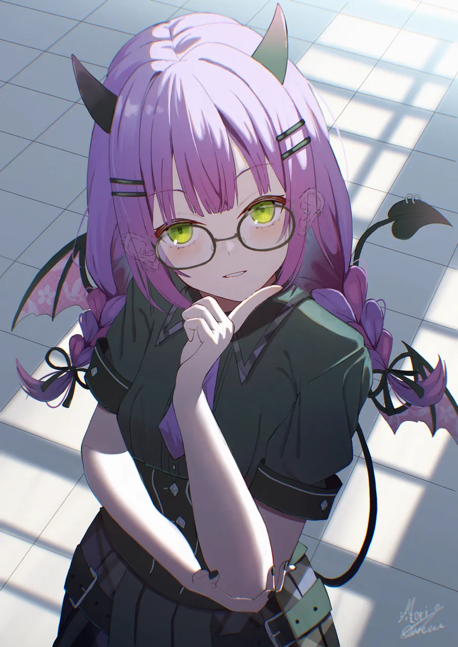 1girl belt black_nails black_shirt black_skirt blush braid corset demon_girl demon_horns demon_tail demon_wings ear_piercing ears_visible_through_hair from_above glasses green_eyes hair_ornament hairclip horns index_finger_raised long_hair looking_at_viewer multicolored_hair nail_polish necktie official_alternate_costume parted_lips piercing pink_hair pleated_skirt purple_hair purple_necktie shirt short_sleeves skirt smile solo streaked_hair tail tail_ornament tail_piercing tail_raised twin_braids twintails virtual_youtuber wings x_ray maria_onnette hololive tokoyami_towa__hololive tokoyami_towa__school_uniform__hololive