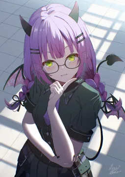 1girl belt black_nails black_shirt black_skirt blush braid corset demon_girl demon_horns demon_tail demon_wings ear_piercing ears_visible_through_hair from_above glasses green_eyes hair_ornament hairclip horns index_finger_raised long_hair looking_at_viewer multicolored_hair nail_polish necktie official_alternate_costume parted_lips piercing pink_hair pleated_skirt purple_hair purple_necktie shirt short_sleeves skirt smile solo streaked_hair tail tail_ornament tail_piercing tail_raised twin_braids twintails virtual_youtuber wings x_ray maria_onnette hololive tokoyami_towa__hololive tokoyami_towa__school_uniform__hololive