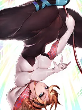 1girl animification ballerina ballet_slippers black_bodysuit blonde_hair blue_eyes bodysuit breasts cameltoe covered_navel covered_nipples dancer fumio__rsqkr gwen_stacy hood hooded_bodysuit large_breasts looking_at_viewer marvel ponytail silk solo spider_gwen spider_man__series spider_web spider_web_print spread_legs superhero_costume thick_thighs thighs unitard upside_down