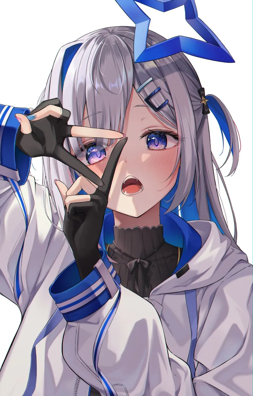 1girl bangs black_gloves blue_ribbon blush fingerless_gloves gloves hair_ornament hood jacket long_hair long_sleeves looking_at_viewer multicolored_hair open_mouth partially_fingerless_gloves purple_eyes ribbon silver_hair simple_background solo upper_body virtual_youtuber white_background white_jacket hololive amane_kanata__hololive