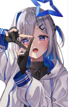 1girl bangs black_gloves blue_ribbon blush fingerless_gloves gloves hair_ornament hood jacket long_hair long_sleeves looking_at_viewer multicolored_hair open_mouth partially_fingerless_gloves purple_eyes ribbon silver_hair simple_background solo upper_body virtual_youtuber white_background white_jacket hololive amane_kanata__hololive
