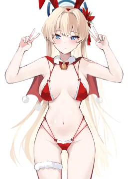 1girl animal_ears armpits bell bikini blonde_hair blue_archive blue_eyes blue_halo blush breasts christmas closed_mouth cowboy_shot double_v fake_animal_ears groin gurami__zangizarang halo long_hair medium_breasts navel neck_bell pom_pom__clothes rabbit_ears red_bikini simple_background solo swimsuit thigh_strap toki__blue_archive white_background