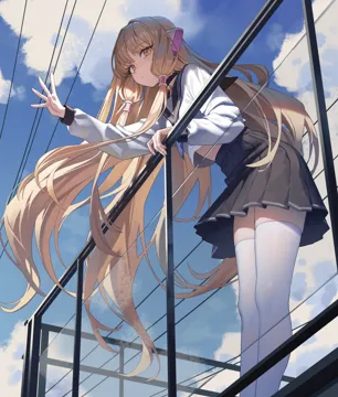 1girl black_sailor_collar black_skirt blonde_hair blue_neckerchief blue_sky brown_eyes building city closed_mouth cloud day expressionless feet_out_of_frame floating_hair from_below glass_wall hair_spread_out hair_tubes leaning_forward long_hair long_sleeves looking_at_viewer neckerchief on_railing outdoors outstretched_arm persocom plaid_clothes plaid_skirt pleated_skirt power_lines railing robot_ears robot_girl sailor_collar school_uniform serafuku shirt skirt sky solo standing sunlight thighhighs very_long_hair waving white_shirt white_thighhighs zettai_ryouiki xzu chobits chii__chobits