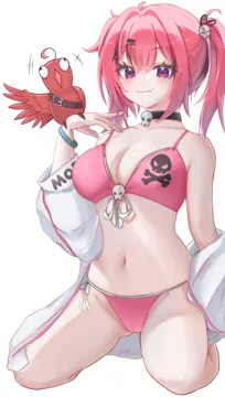 1girl ahoge animal_on_hand artist_name bare_shoulders bikini black_choker black_ribbon blush breasts brown_hair cameltoe choker cleavage closed_mouth collarbone dirty eyelashes fang front_tie_bikini_top front_tie_top hair_between_eyes hair_intakes hair_ornament hair_ribbon hairclip heart heart_in_eye jacket jacket_partially_removed kneeling large_breasts laughing legs long_sleeves looking_at_viewer multicolored_hair navel pink_bikini pulling_own_clothes purple_eyes raised_eyebrows red_hair ribbon side_tie_bikini_bottom simple_background skin_fang skull_choker skull_hair_ornament skull_ornament skull_print smile stomach strap_pull streaked_hair swimsuit symbol_in_eye thighs twintails two_tone_hair white_background white_jacket wristband sia233333 goddess_of_victory__nikke mast__a_pirate_s_heart__nikke mast__nikke morgan__nikke