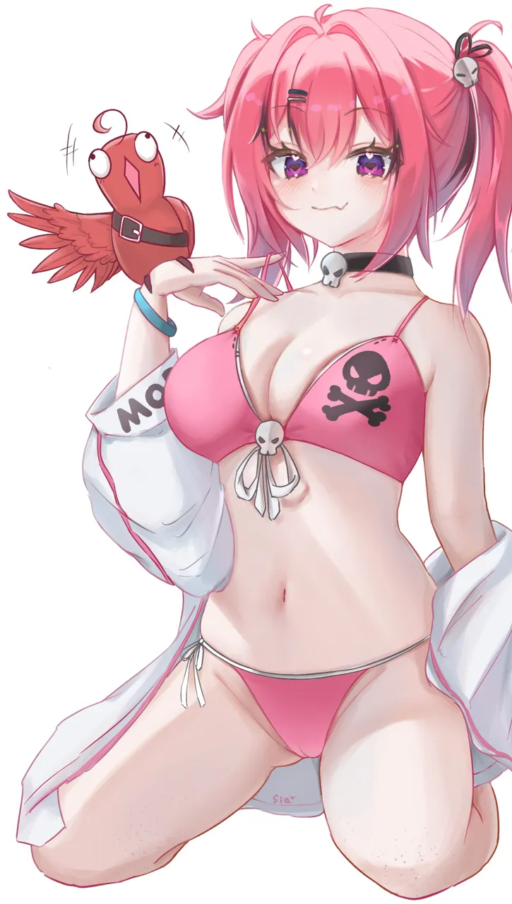 1girl ahoge animal_on_hand artist_name bare_shoulders bikini black_choker black_ribbon blush breasts brown_hair cameltoe choker cleavage closed_mouth collarbone dirty eyelashes fang front_tie_bikini_top front_tie_top hair_between_eyes hair_intakes hair_ornament hair_ribbon hairclip heart heart_in_eye jacket jacket_partially_removed kneeling large_breasts laughing legs long_sleeves looking_at_viewer multicolored_hair navel pink_bikini pulling_own_clothes purple_eyes raised_eyebrows red_hair ribbon side_tie_bikini_bottom simple_background skin_fang skull_choker skull_hair_ornament skull_ornament skull_print smile stomach strap_pull streaked_hair swimsuit symbol_in_eye thighs twintails two_tone_hair white_background white_jacket wristband sia233333 goddess_of_victory__nikke mast__a_pirate_s_heart__nikke mast__nikke morgan__nikke