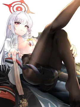 1girl black_pantyhose black_tail black_wings braid breasts closed_mouth demon_tail demon_wings fine_fabric_emphasis grey_hair gun halo kneepits leg_up long_hair medium_breasts moire pantyhose red_eyes red_halo side_braid simple_background single_wing solo tail weapon white_background wings haoma blue_archive haruna__blue_archive
