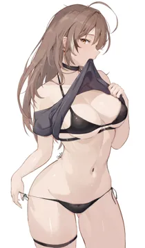 1girl ahoge bikini bikini_bottom_pull black_bikini black_choker breasts brown_eyes brown_hair choker chyraliss clothes_in_mouth clothes_lift cowboy_shot earrings hololive hololive_english jewelry medium_breasts mouth_hold multicolored_hair nanashi_mumei navel shirt_in_mouth shirt_lift signature simple_background solo stomach strap_pull streaked_hair swimsuit thigh_strap thighs virtual_youtuber white_background