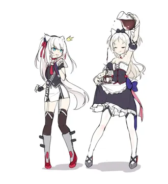 2girls american_flag american_flag_print animal_ears apron arm_up armpits bare_shoulders black_bow black_bowtie black_gloves black_shirt black_thighhighs blue_bow blue_bowtie boots bow bowtie breasts cat_ears character_name chocolate choker cleavage clenched_hand clothes_lift clothes_writing collar corset cosplay costume_switch cropped_jacket cross_laced_clothes cross_laced_dress cuff_links cup decantering detached_collar detached_sleeves dress dress_lift fingerless_gloves flag_print frilled_apron frilled_dress frilled_sleeves frills full_body gloves grey_boots grey_shoes hair_bow hair_ribbon hairband hammann__azur_lane__cosplay hood hood_down hooded_jacket hoodie jacket knee_boots legwear_garter long_hair looking_at_another maid miniskirt multiple_girls neckerchief necktie overflowing pencil_skirt pigeon_toed pitcher__container pouring puffy_short_sleeves puffy_sleeves red_bow red_bowtie red_choker red_collar red_neckerchief red_necktie red_ribbon ribbon rudder_footwear saucer shirt shoes short_dress short_sleeves sims__azur_lane__cosplay skindentation skirt sleeveless sleeveless_shirt small_breasts smug standing surprised sweatdrop teacup thighhighs thighhighs_under_boots two_side_up v_shaped_eyebrows very_long_hair waist_apron waist_bow white_background white_hair white_hoodie white_thighhighs wrist_cuffs kaede__yumesaki_kaede azur_lane hammann__azur_lane hammann__retrofit__azur_lane sims__azur_lane sims__retrofit__azur_lane