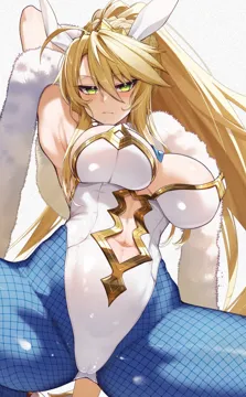 1girl ahoge animal_ears arm_up armpits artoria_pendragon__fate artoria_pendragon__swimsuit_ruler__fate artoria_pendragon__swimsuit_ruler__first_ascension__fate blonde_hair blue_necktie blue_pantyhose braid breasts cameltoe cluseller detached_collar expressionless fate__series fate_grand_order feather_boa fishnet_pantyhose fishnets french_braid frown green_eyes highleg highleg_leotard large_breasts leotard looking_at_viewer navel necktie pantyhose playboy_bunny ponytail rabbit_ears spread_legs tsurime white_leotard