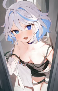 1girl ahoge alternate_costume bare_shoulders black_shorts blue_eyes blue_hair blush breasts camisole choker colored_inner_hair dolphin_shorts doorway fang furina__genshin_impact genshin_impact heterochromia indoors leaning_forward looking_at_viewer mismatched_pupils multicolored_hair no_bra open_clothes open_shirt pov_doorway shirt short_shorts shorts skin_fang small_breasts smile solo strap_slip toki__1243309499 white_hair white_shirt