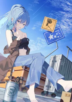 1girl akanbe alternate_costume barefoot beer_can black_tank_top blue_eyes blue_hair blue_pants blue_sky brown_footwear brown_jacket can cloud contrail crop_top denim drink_can earrings electrical_outlet eyelid_pull feet jacket jeans jewelry looking_at_viewer midriff off_shoulder pants road_sign rolling_suitcase sign sitting sitting_on_object sky soles solo star__symbol star_in_eye suitcase symbol_in_eye tank_top tile_floor tiles toes tongue tongue_out virtual_youtuber maria_onnette hololive hoshimachi_suisei__hololive