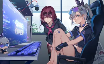 2girls alternate_costume bare_legs black_gloves black_serafuku chair character_doll choker computer computer_keyboard drill_hair eyewear_on_head gaming_chair gloves grey_eyes grey_hair grin hair_ornament hairclip indoors knees_up long_hair looking_at_another multiple_girls ponytail purple_eyes purple_hair school_uniform serafuku sitting smile sunglasses swivel_chair thighs window heta honkai__series honkai__star_rail kafka__honkai__star_rail silver_wolf__honkai__star_rail