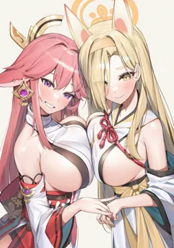 2girls animal_ears bare_shoulders blonde_hair blue_archive blush breast_press breasts closed_mouth crossover detached_sleeves earrings extra_ears eyes_visible_through_hair floppy_ears fox_ears genshin_impact grey_background grin hair_behind_ear hair_ornament hair_over_one_eye hairband halo japanese_clothes jewelry kaho__blue_archive large_breasts long_bangs long_hair looking_at_viewer looking_to_the_side mole mole_under_mouth multiple_girls nontraditional_miko pink_hair piyo__piyo8415 purple_eyes shirt sideboob sideless_kimono sidelocks simple_background skirt sleeveless sleeveless_shirt smile symmetrical_docking thick_eyebrows very_long_hair white_shirt wide_sleeves yae_miko yellow_eyes yellow_hairband