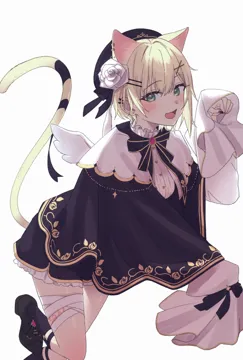 1girl animal_ears bandaged_leg bandages beret black_hair black_shoes black_shorts black_socks blonde_hair blush bow capelet cat_ears cat_girl cat_tail ear_piercing extra_ears fang flower green_eyes hair_flower hair_ornament hand_up hat high_heels looking_at_viewer open_mouth paw_pose piercing shoes short_hair shorts simple_background skin_fang smile socks solo tail virtual_youtuber white_background wings x_hair_ornament zakki3939 iris_black_games vspo kurumi_noah kurumi_noah__4th_costume