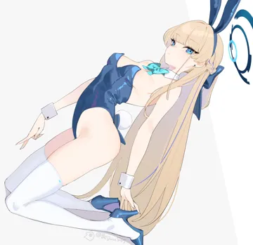 1girl animal_ears beijuu blonde_hair blue_archive blue_eyes blue_footwear blue_hair blue_halo blue_leotard bow bowtie braid breasts detached_collar earrings fake_animal_ears fake_tail full_body green_bow green_bowtie halo high_heels highleg highleg_leotard jewelry leotard long_hair looking_at_viewer medium_breasts multicolored_hair official_alternate_costume playboy_bunny rabbit_ears rabbit_tail solo strapless strapless_leotard streaked_hair tail thighhighs toki__blue_archive toki__bunny__blue_archive twitter_username very_long_hair white_thighhighs wrist_cuffs