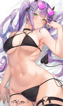 1girl alternate_costume armpits ass_visible_through_thighs bed_sheet bikini black_bikini black_choker black_thighhighs blush breasts choker cleavage closed_mouth cowboy_shot criss_cross_halter cross cross_earrings demon_horns demon_tail ear_piercing earrings eyes_visible_through_hair eyewear_on_head green_eyes green_nails groin hair_ornament hairclip halterneck heart heart_o_ring heart_shaped_pupils heart_tattoo hololive horns jewelry large_breasts leg_tattoo long_hair looking_at_viewer lying multicolored_hair multicolored_nails nail_polish navel navel_piercing o_ring on_back piercing pink_hair pink_tinted_eyewear purple_hair purple_nails raag_jp side_tie_bikini_bottom simple_background skindentation smile solo stomach streaked_hair sunglasses swimsuit symbol_shaped_pupils tail tail_ornament tail_piercing tattoo thigh_strap thighhighs tinted_eyewear tokoyami_towa twintails two_tone_hair virtual_youtuber white_background
