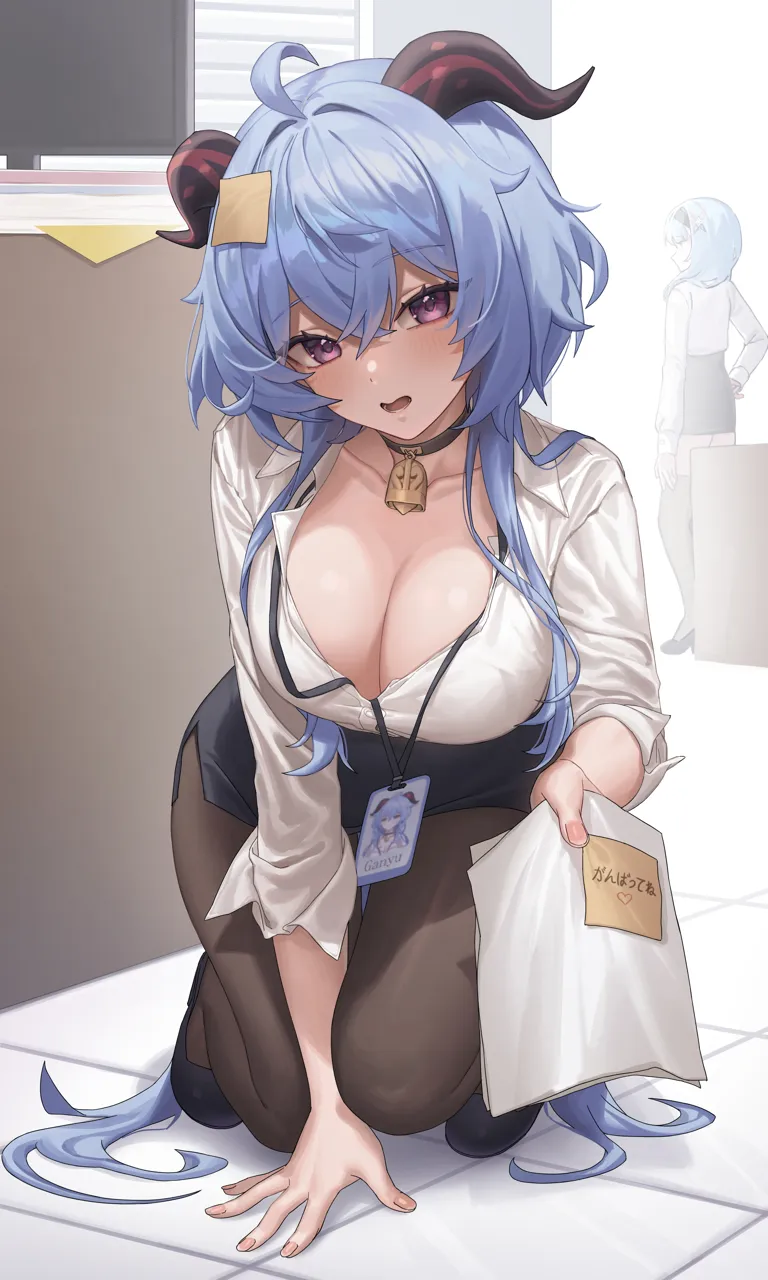 2girls ahoge alternate_costume bell black_choker black_footwear black_skirt blue_hair breasts brown_pantyhose character_name choker cleavage contemporary cowbell crossed_bangs dress_shirt eula__genshin_impact ganyu__genshin_impact genshin_impact goat_horns holding holding_paper horns id_card kneeling lanyard large_breasts long_hair long_sleeves looking_at_viewer miniskirt multiple_girls office_lady open_mouth pantyhose paper pencil_skirt picking_up purple_eyes raki_kr shirt shoes side_slit skirt solo_focus very_long_hair white_shirt