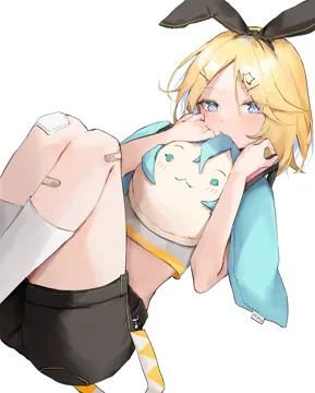 1girl animal_ear_hairband animal_ears bandaid bandaid_on_leg bare_arms black_hairband black_shorts blonde_hair blue_eyes bright_pupils character_doll closed_mouth dutch_angle fake_animal_ears feet_out_of_frame hair_ornament hairband hands_up holding knees_up looking_at_viewer midriff parted_bangs shirt short_hair short_shorts shorts simple_background sitting socks solo star__symbol star_hair_ornament white_background vocaloid white_shirt white_socks x_hair_ornament yellow_pupils yellow_trim nakony hatsune_miku kagamine_rin
