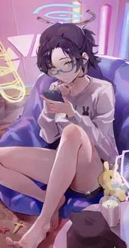 1girl barefoot black_hair black_shorts blue_framed_eyewear blue_halo blush closed_mouth cup dolphin_shorts feet glasses green_eyes halo holding indoors knee_up legs long_sleeves official_alternate_costume shirt short_hair shorts solo toenails toes white_shirt flatshi blue_archive chihiro__blue_archive