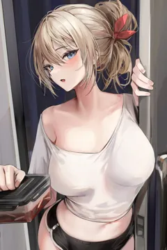 1girl black_shorts blonde_hair blue_eyes blush breasts collarbone crop_top dolphin_shorts door doorway hair_bun hair_ornament holding large_breasts lillly lillly__character looking_at_viewer midriff navel open_mouth pov_doorway shirt short_shorts shorts sidelocks single_bare_shoulder single_hair_bun solo white_shirt
