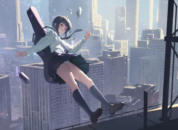 1girl ahoge black_hair black_socks bob_cut brown_shoes building cellphone city cityscape falling full_body guitar_case instrument_case instrument_on_back kneehighs loafers long_sleeves looking_at_viewer multicolored_hair necktie outdoors panties pantyhose phone pink_eyes purple_hair purple_necktie school_uniform shadow shirt shoes short_hair sidelocks skyscraper smartphone socks solo underwear white_panties white_shirt xzu