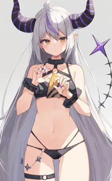 1girl adapted_costume ahoge ass_visible_through_thighs bikini blush braid claw_pose demon_horns hair_between_eyes hololive horns la__darknesss la__darknesss__1st_costume long_hair looking_at_viewer midriff multicolored_hair nail_polish navel o_ring o_ring_bikini pointy_ears purple_hair solo streaked_hair striped_horns swimsuit taht__that_is_mm tail very_long_hair virtual_youtuber yellow_eyes