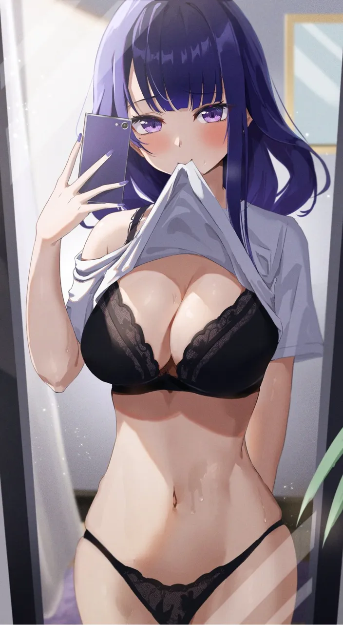 1girl alternate_costume blush book braid breasts cellphone cleavage clothes_in_mouth clothes_lift genshin_impact hair_ornament holding holding_book large_breasts lifting_own_clothes lingerie long_hair mirror mole mole_under_eye mouth_hold nail_polish navel phone purple_eyes purple_hair raiden_shogun reflection reflection_focus selfie shirt_in_mouth shirt_lift short_sleeves solo stomach sweat underwear yamamoto__ymmt_is_sexy