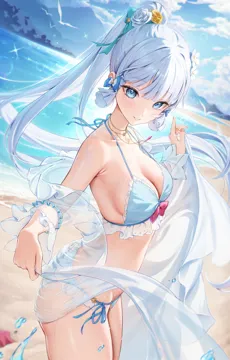 1girl alternate_costume beach bikini bird blue_bikini blue_eyes blue_hair blue_sky blunt_bangs breasts cleavage cloud flower frilled_bikini frills genshin_impact hair_flower hair_ornament hair_ribbon halterneck houkisei jewelry kamisato_ayaka light_blue_hair long_hair medium_breasts necklace ocean outdoors parted_lips ponytail ribbon see_through_clothes see_through_shawl shawl side_tie_bikini_bottom sideboob sky smile solo swimsuit tress_ribbon white_bird