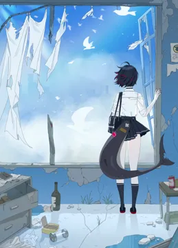 1girl abandoned bag bird black_choker black_hair black_shoes black_skirt black_socks blue_sky bottle choker cloud facing_away fins fish_tail from_behind pleated_skirt red_nails shark_girl shark_tail shirt shoes short_hair shoulder_bag skirt sky sleeves_rolled_up socks solo tail white_bird white_shirt midfinger zenless_zone_zero ellen_joe__zenless_zone_zero ellen_joe__on_campus__zenless_zone_zero