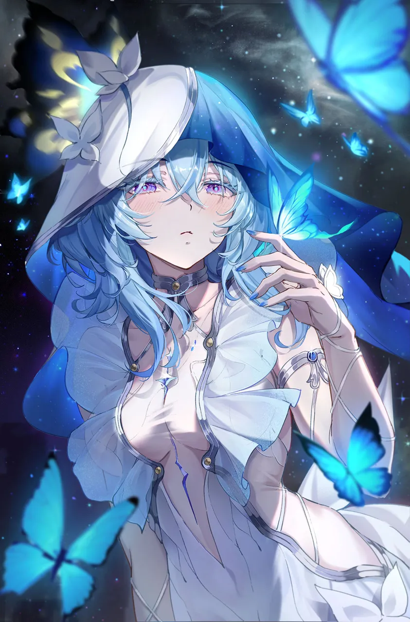 1girl arm_at_side armlet bare_shoulders blue_butterfly blue_hair blue_nails blue_veil blush breasts bug butterfly butterfly_on_hand closed_mouth collarbone colored_eyelashes dress hair_between_eyes hand_up jewelry large_breasts long_hair looking_at_viewer nail_polish nebula purple_eyes sleeveless sleeveless_dress solo two_tone_veil upper_body veil white_dress white_veil mihan__mihan_art wuthering_waves shorekeeper__wuthering_waves