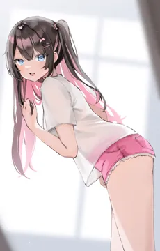 1girl black_bow blue_eyes blurry blurry_background bow brown_hair colored_inner_hair cowboy_shot day denim denim_shorts hair_between_eyes hair_bow hair_ornament holding holding_own_hair indoors looking_at_viewer multicolored_hair one_side_up open_mouth pink_bow pink_hair pink_shorts see_through_clothes see_through_shirt shirt short_shorts short_sleeves shorts solo teeth two_tone_hair upper_teeth_only virtual_youtuber white_shirt window nakony vspo kaga_nazuna__vspo