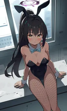 1girl animal_ears backlighting bare_arms bare_shoulders black_hair black_hairband black_leotard bow bowtie breasts cleavage closed_mouth covered_navel dark_skinned_female dark_skin detached_collar fake_animal_ears fishnet_pantyhose fishnets from_above hairband halo highleg highleg_leotard large_breasts legs leotard long_hair looking_at_viewer official_alternate_costume pantyhose playboy_bunny ponytail rabbit_ears sitting solo strapless strapless_leotard thighs very_long_hair wrist_cuffs yellow_eyes niji__rudduf232 blue_archive karin__blue_archive karin__bunny__blue_archive