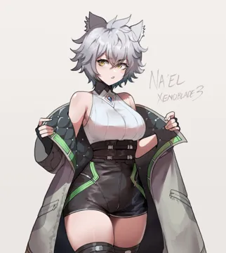 1girl animal_ears breasts cat_ears cat_girl character_name chest_jewel clothing_cutout copyright_name core_crystal__xenoblade crystal diamond_cutout fingerless_gloves gloves high_waist_shorts looking_at_viewer medium_breasts messy_hair na_el__xenoblade nyantcha parted_lips romper short_hair short_shorts shorts solo thick_thighs thighhighs thighs xenoblade_chronicles__series xenoblade_chronicles_3 xenoblade_chronicles_3__future_redeemed yellow_eyes
