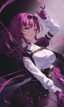 1girl arm_up black_jacket black_shorts breasts chest_harness eyewear_on_head gloves harness high_waist_shorts jacket large_breasts long_hair long_sleeves looking_at_viewer pantyhose pince_nez purple_eyes purple_gloves purple_hair round_eyewear shirt shorts sidelocks smile solo spider_web_print sunglasses thread white_shirt nasol honkai__star_rail honkai__series kafka__honkai__star_rail