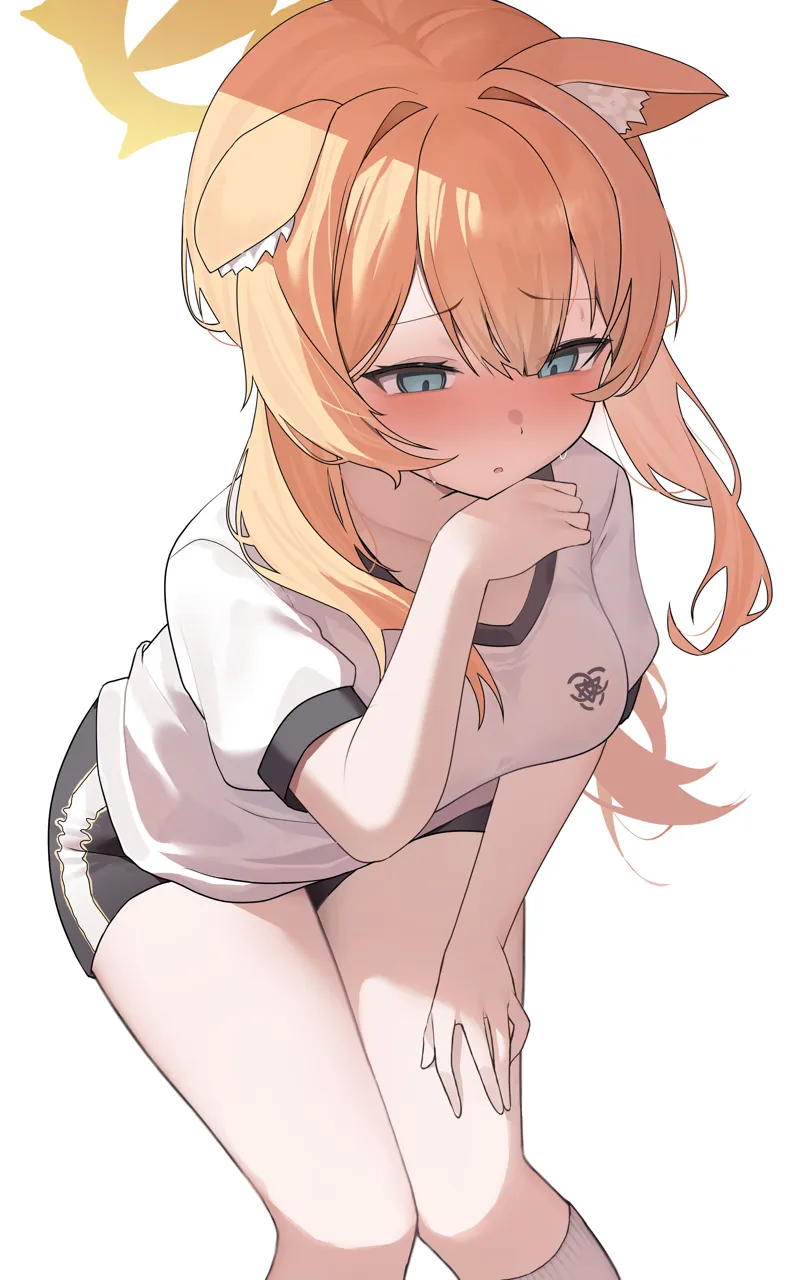 1girl animal_ear_fluff animal_ears black_shorts blue_eyes blush breasts cat_ears cat_girl gym_shorts gym_uniform hair_between_eyes halo long_hair medium_breasts nose_blush official_alternate_costume official_alternate_hairstyle open_mouth orange_hair shirt shorts simple_background solo thighs trinity_general_school_logo white_background white_shirt yellow_halo koba__kobako42 blue_archive mari__blue_archive mari__track__blue_archive