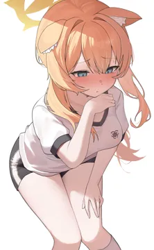 1girl animal_ear_fluff animal_ears black_shorts blue_eyes blush breasts cat_ears cat_girl gym_shorts gym_uniform hair_between_eyes halo long_hair medium_breasts nose_blush official_alternate_costume official_alternate_hairstyle open_mouth orange_hair shirt shorts simple_background solo thighs trinity_general_school_logo white_background white_shirt yellow_halo koba__kobako42 blue_archive mari__blue_archive mari__track__blue_archive