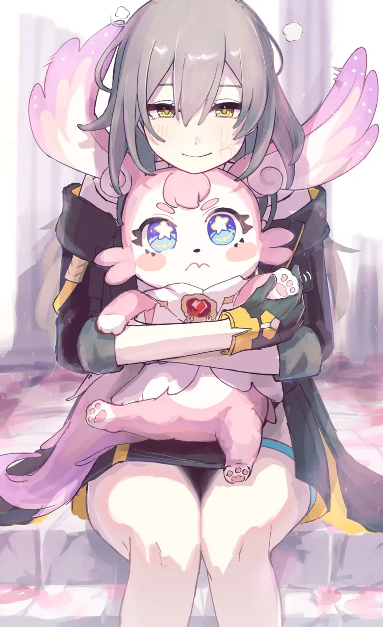 1girl animal black_gloves black_jacket blue_eyes feet_out_of_frame gloves grey_hair grey_shirt head_wings holding holding_animal jacket looking_at_viewer outdoors pillar pink_fur shirt short_hair sitting smile stairs star_shaped_pupils star__symbol symbol_shaped_pupils thighs wings yellow_eyes sanshoku_dango__shukosuko honkai__star_rail honkai__series mem__honkai__star_rail stelle__honkai__star_rail trailblazer__honkai__star_rail