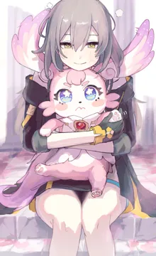 1girl animal black_gloves black_jacket blue_eyes feet_out_of_frame gloves grey_hair grey_shirt head_wings holding holding_animal jacket looking_at_viewer outdoors pillar pink_fur shirt short_hair sitting smile stairs star_shaped_pupils star__symbol symbol_shaped_pupils thighs wings yellow_eyes sanshoku_dango__shukosuko honkai__star_rail honkai__series mem__honkai__star_rail stelle__honkai__star_rail trailblazer__honkai__star_rail