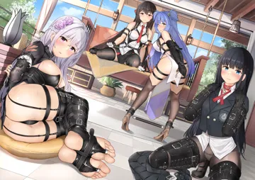 4girls ankle_cuffs armbinder arms_behind_back bdsm bitchsuit black_hair blue_eyes blue_hair bondage_mittens bound bound_arms bound_legs breasts brown_eyes brown_hair chain collar cuffs flower gloves grey_hair hair_flower hair_ornament hairclip high_heels human_dog indoors kneeling large_breasts legbinder long_hair looking_at_viewer medium_breasts multiple_girls necktie pantyhose pillow purple_eyes red_necktie spreader_bar stirrup_legwear thighhighs toeless_legwear very_long_hair white_gloves yellow_eyes epicary_radz