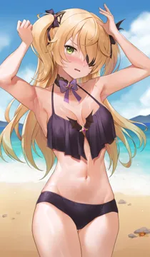 1girl armpits arms_up bare_shoulders beach bikini blonde_hair blush breasts cleavage collarbone cowboy_shot crab eyepatch fischl__genshin_impact genshin_impact green_eyes hair_ornament looking_at_viewer lunacle medium_breasts navel one_eye_covered outdoors parted_lips purple_bikini solo swimsuit two_side_up water