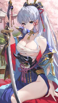 1girl amenoma_kageuchi__genshin_impact bare_shoulders blue_eyes breasts budget_sarashi cleavage collar genshin_impact hair_ornament holding holding_sword holding_weapon japanese_clothes kamisato_ayaka katana long_hair looking_at_viewer medium_breasts mole mole_under_eye ponytail sarashi sitting solo sword teffish thighs very_long_hair weapon white_hair