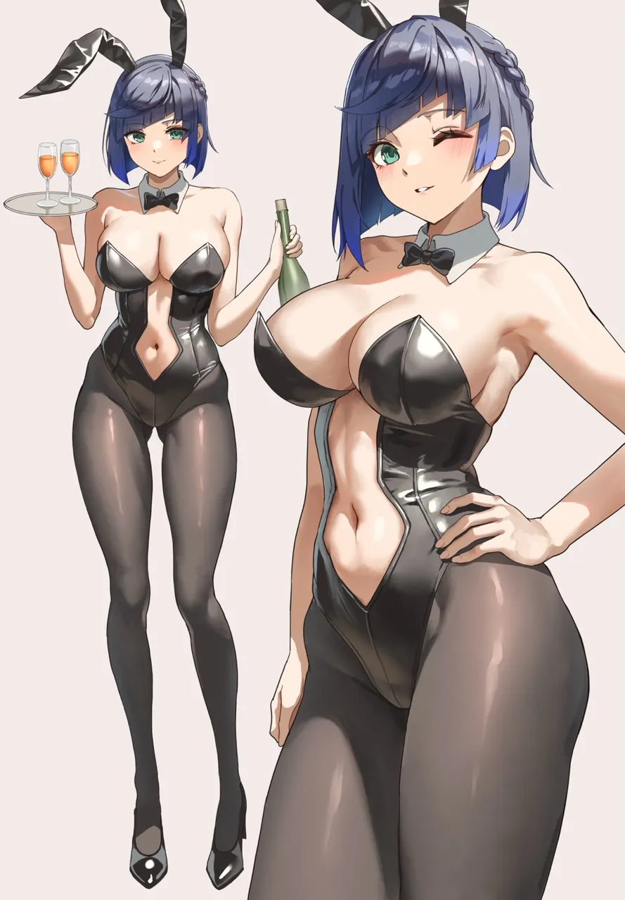 1girl alternate_costume anteiru bare_arms black_bow black_bowtie black_leotard blue_hair bottle bow bowtie breasts clothing_cutout cup detached_collar drinking_glass full_body genshin_impact green_eyes hand_on_own_hip holding holding_bottle holding_tray large_breasts leotard multiple_views navel navel_cutout one_eye_closed pantyhose parted_lips playboy_bunny short_hair standing tray yelan__genshin_impact