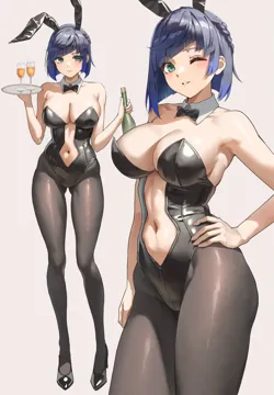 1girl alternate_costume anteiru bare_arms black_bow black_bowtie black_leotard blue_hair bottle bow bowtie breasts clothing_cutout cup detached_collar drinking_glass full_body genshin_impact green_eyes hand_on_own_hip holding holding_bottle holding_tray large_breasts leotard multiple_views navel navel_cutout one_eye_closed pantyhose parted_lips playboy_bunny short_hair standing tray yelan__genshin_impact