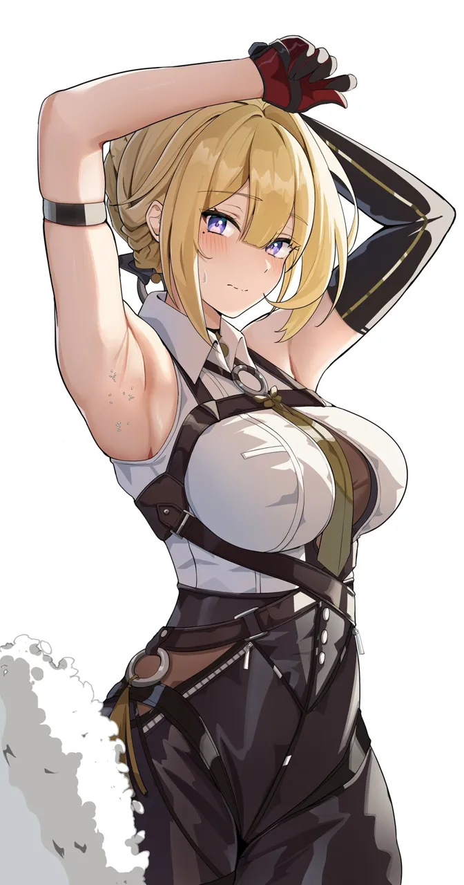 1girl armpits arms_up black_gloves black_pants blonde_hair blush braid braided_bun breasts chest_harness closed_mouth elbow_gloves food gloves hair_bun half_gloves harness high_waist_pants large_breasts looking_at_viewer necktie onigiri pants purple_eyes shirt single_elbow_glove single_half_glove sleeveless sleeveless_shirt solo tight_clothes tight_pants white_background white_shirt yellow_necktie yami_anko zenless_zone_zero evelyn_chevalier__zenless_zone_zero