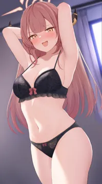 1girl alternate_costume armpits arms_behind_head arms_up aru__blue_archive black_bra black_panties blue_archive blush bow bow_bra bra breasts curtains halo indoors lace_trim lace_trimmed_bra medium_breasts lingerie long_hair looking_at_viewer navel open_mouth panties smile solo standing stomach sweatdrop underwear underwear_only yousui